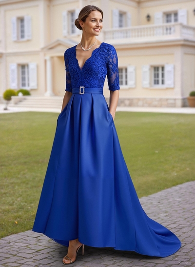 Elegant Lace V-Neck 1/2 Sleeves Asymmetrical Length A-Line Satin Mother Of The Bride Dresses