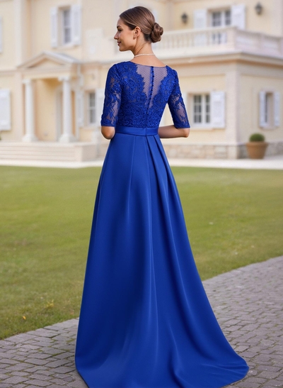 Elegant Lace V-Neck 1/2 Sleeves Asymmetrical Length A-Line Satin Mother Of The Bride Dresses