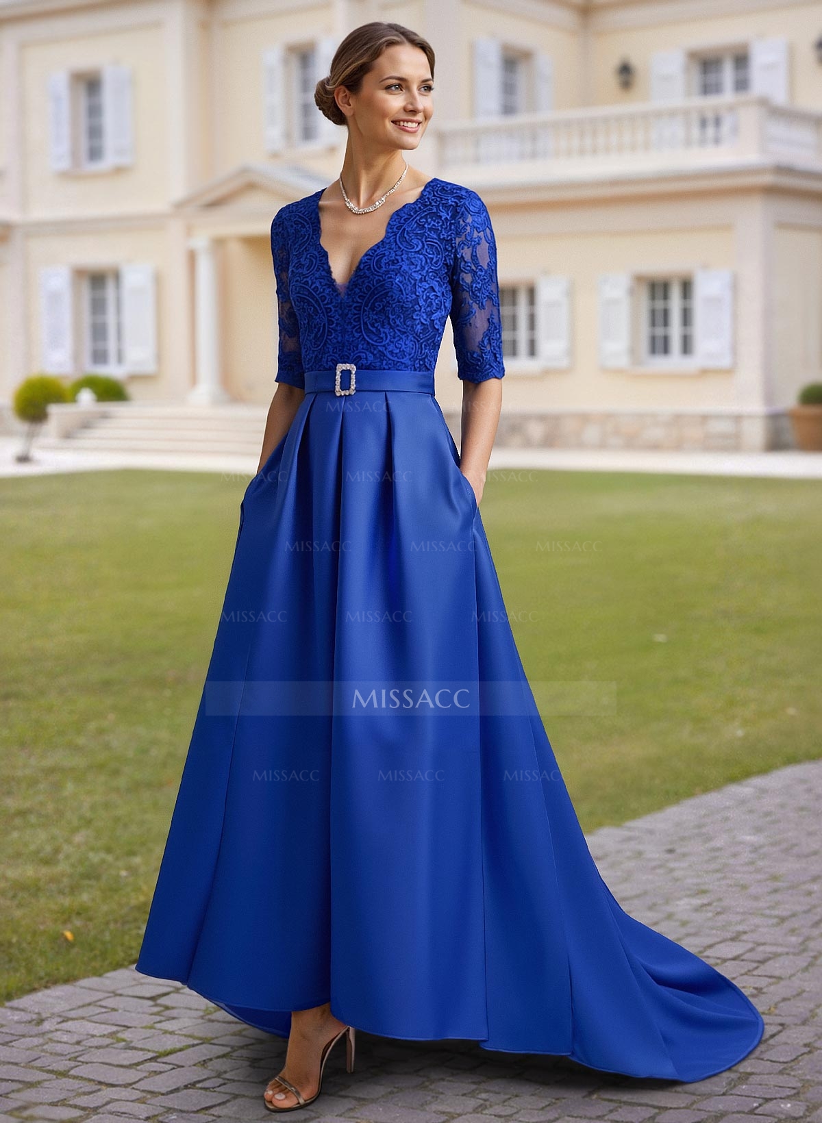 Elegant Lace V-Neck 1/2 Sleeves Asymmetrical Length A-Line Satin Mother Of The Bride Dresses
