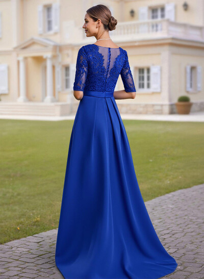 Elegant Lace V-Neck 1/2 Sleeves Asymmetrical Length A-Line Satin Mother Of The Bride Dresses