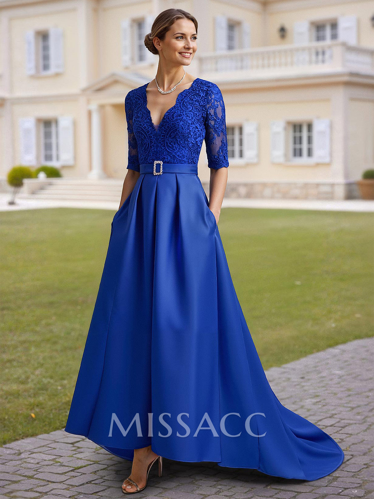 Elegant Lace V-Neck 1/2 Sleeves Asymmetrical Length A-Line Satin Mother Of The Bride Dresses Elegant Lace V-Neck 1/2 Sleeves Asymmetrical Length A-Line Satin Mother Of The Bride Dresses