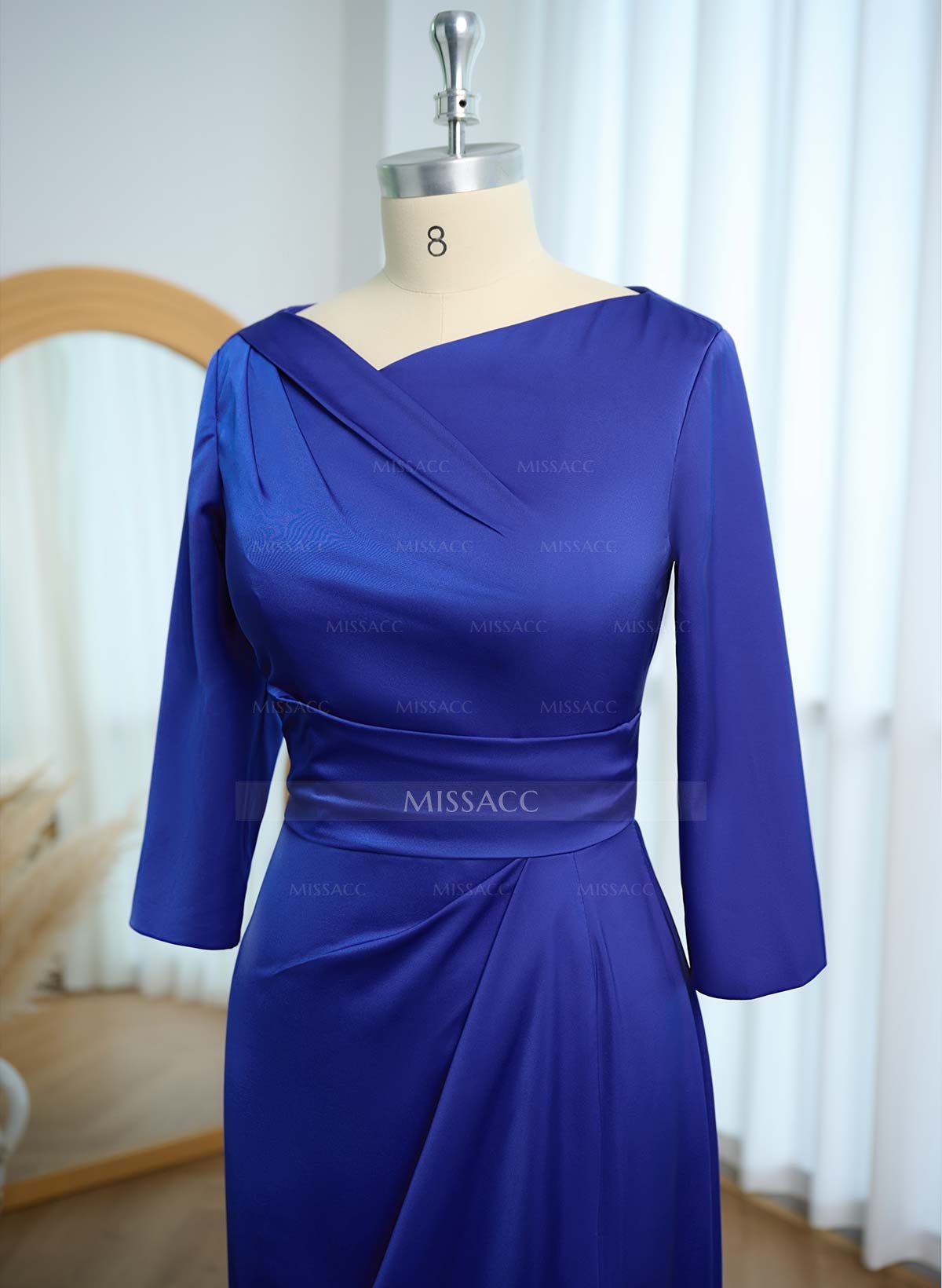 Asymmetrical Neckline 1/2 Sleeves Split Front Floor-Length Crepe Satin Mother Of The Bride Dresses