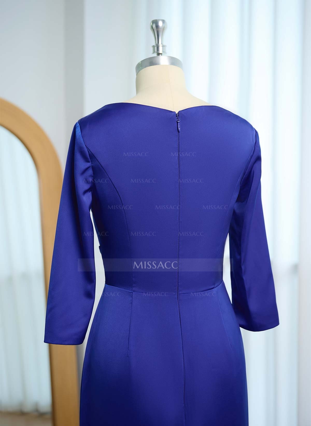 Asymmetrical Neckline 1/2 Sleeves Split Front Floor-Length Crepe Satin Mother Of The Bride Dresses