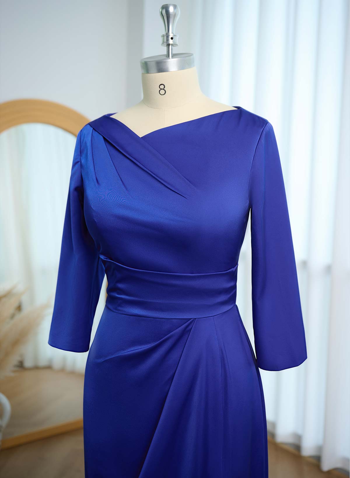 Asymmetrical Neckline 1/2 Sleeves Split Front Floor-Length Crepe Satin Mother Of The Bride Dresses