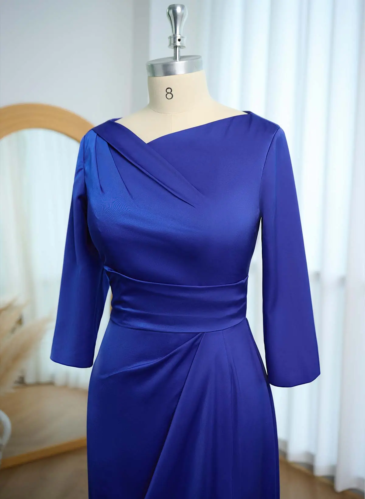 Asymmetrical Neckline 1/2 Sleeves Split Front Floor-Length Crepe Satin Mother Of The Bride Dresses