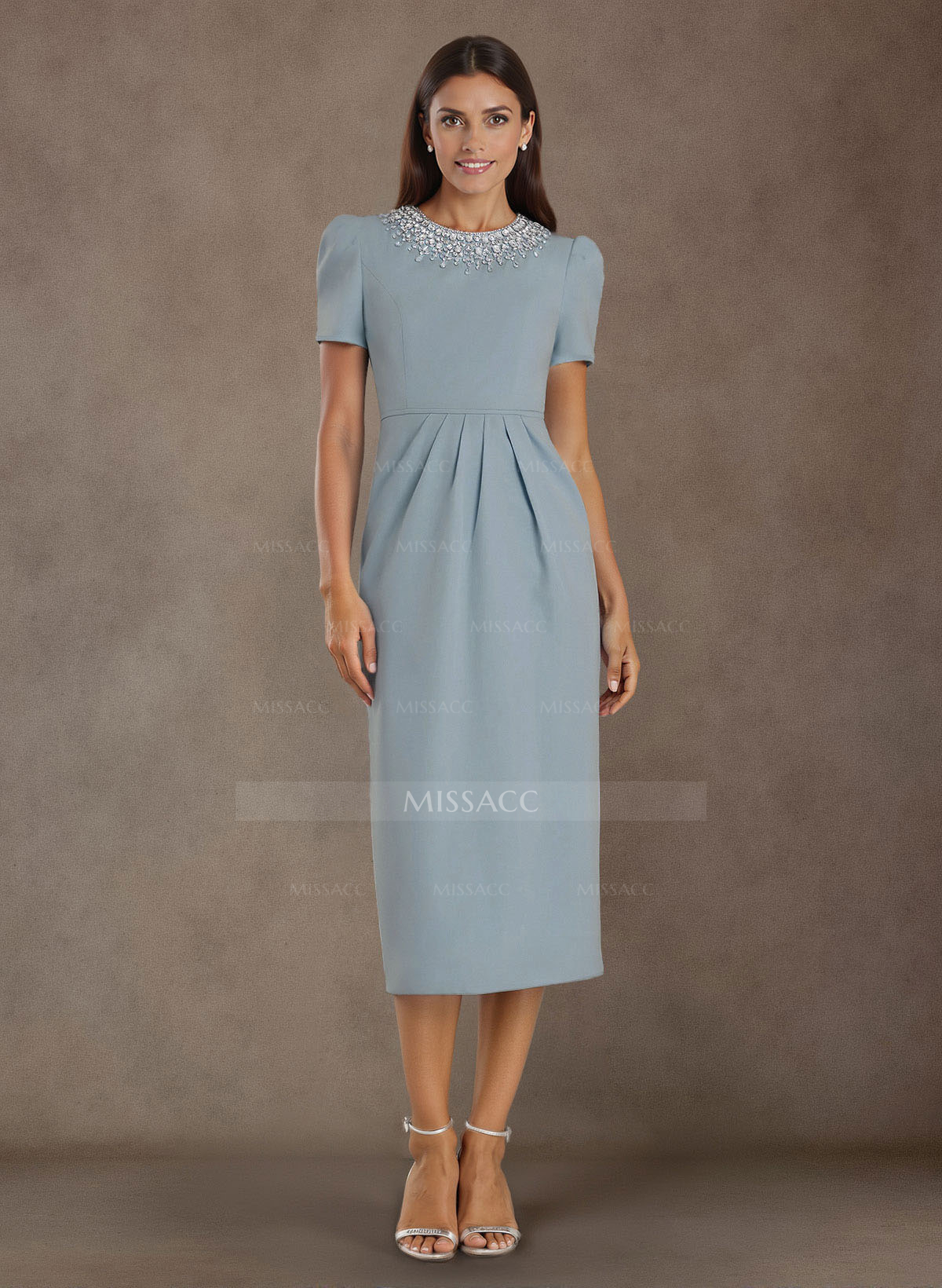 Elegant Rhinestone Scoop Neck Short Sleeves Back Slit Tea-Length Elastic Satin Mother Of The Bride Dresses