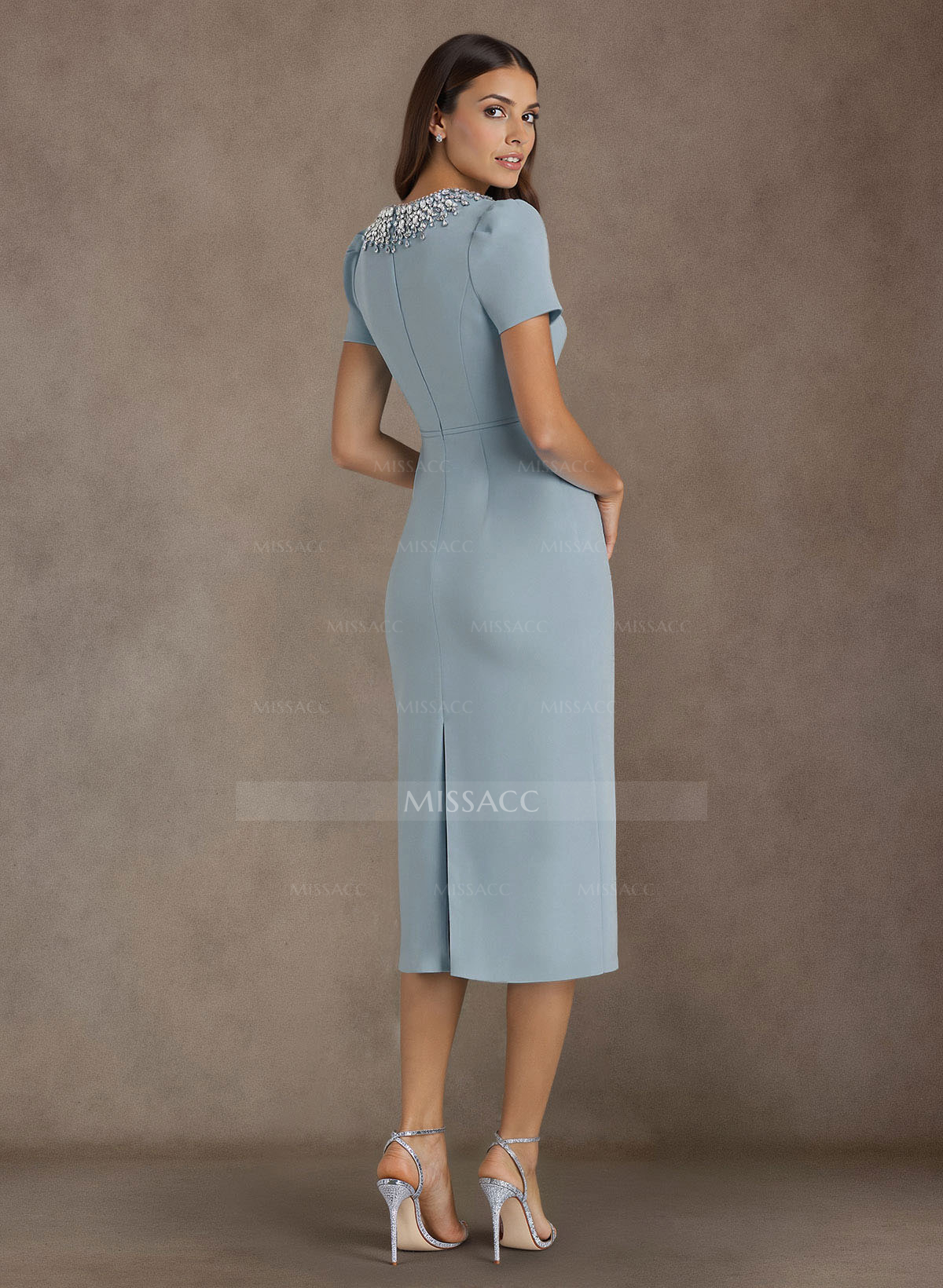 Elegant Rhinestone Scoop Neck Short Sleeves Back Slit Tea-Length Elastic Satin Mother Of The Bride Dresses