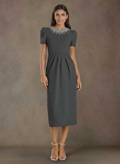 Elegant Rhinestone Scoop Neck Short Sleeves Back Slit Tea-Length Elastic Satin Mother Of The Bride Dresses