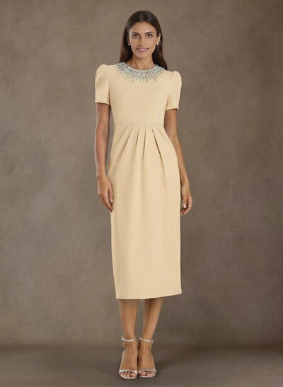 Elegant Rhinestone Scoop Neck Short Sleeves Back Slit Tea-Length Elastic Satin Mother Of The Bride Dresses