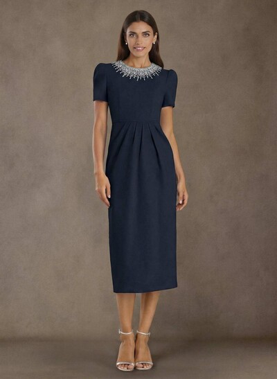 Elegant Rhinestone Scoop Neck Short Sleeves Back Slit Tea-Length Elastic Satin Mother Of The Bride Dresses