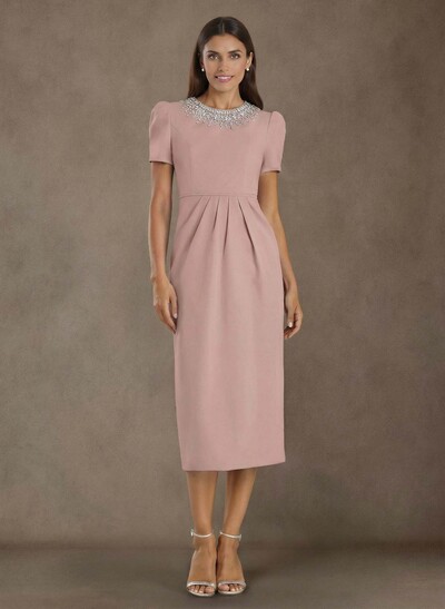 Elegant Rhinestone Scoop Neck Short Sleeves Back Slit Tea-Length Elastic Satin Mother Of The Bride Dresses