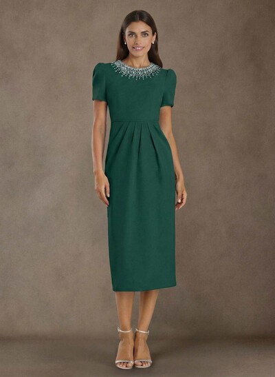 Elegant Rhinestone Scoop Neck Short Sleeves Back Slit Tea-Length Elastic Satin Mother Of The Bride Dresses