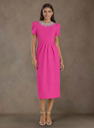 Elegant Rhinestone Scoop Neck Short Sleeves Back Slit Tea-Length Elastic Satin Mother Of The Bride Dresses