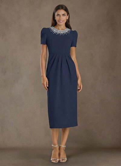 Elegant Rhinestone Scoop Neck Short Sleeves Back Slit Tea-Length Elastic Satin Mother Of The Bride Dresses