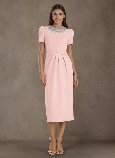 Elegant Rhinestone Scoop Neck Short Sleeves Back Slit Tea-Length Elastic Satin Mother Of The Bride Dresses