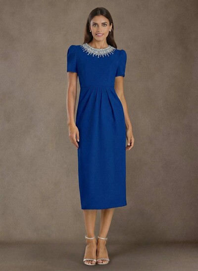 Elegant Rhinestone Scoop Neck Short Sleeves Back Slit Tea-Length Elastic Satin Mother Of The Bride Dresses