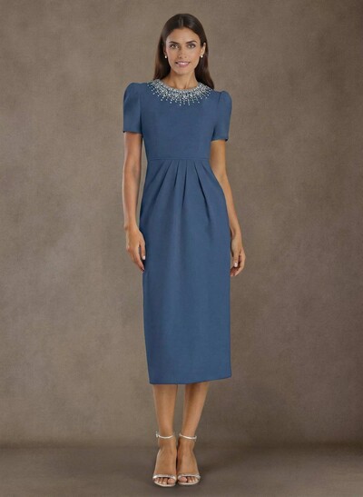 Elegant Rhinestone Scoop Neck Short Sleeves Back Slit Tea-Length Elastic Satin Mother Of The Bride Dresses