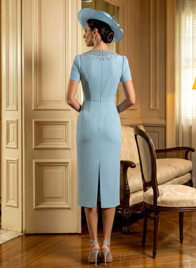 Elegant Rhinestone Scoop Neck Short Sleeves Back Slit Tea-Length Elastic Satin Mother Of The Bride Dresses