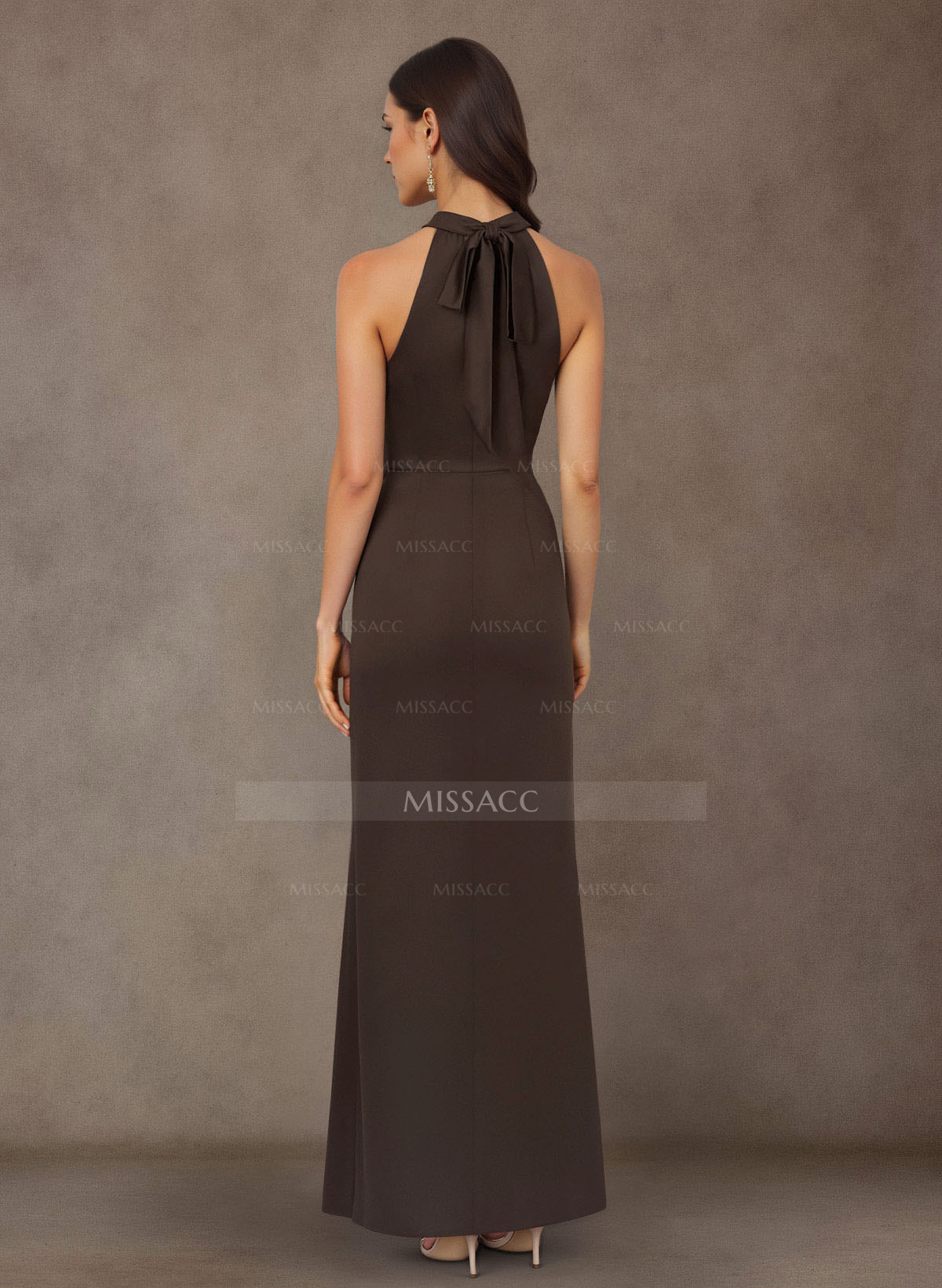 Bow(s) High Neck Ruffle Split Front Floor-Length Crepe Satin Mother Of The Bride Dresses