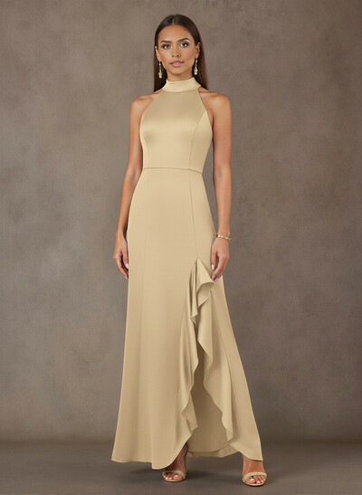 Bow(s) High Neck Ruffle Split Front Floor-Length Crepe Satin Mother Of The Bride Dresses