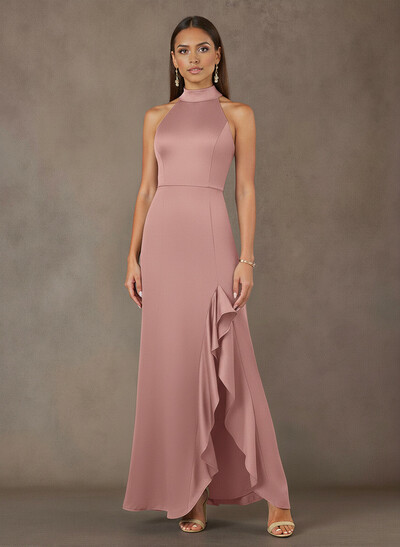 Bow(s) High Neck Ruffle Split Front Floor-Length Crepe Satin Mother Of The Bride Dresses