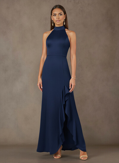 Bow(s) High Neck Ruffle Split Front Floor-Length Crepe Satin Mother Of The Bride Dresses