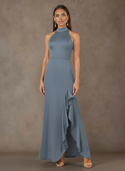 Bow(s) High Neck Ruffle Split Front Floor-Length Crepe Satin Mother Of The Bride Dresses