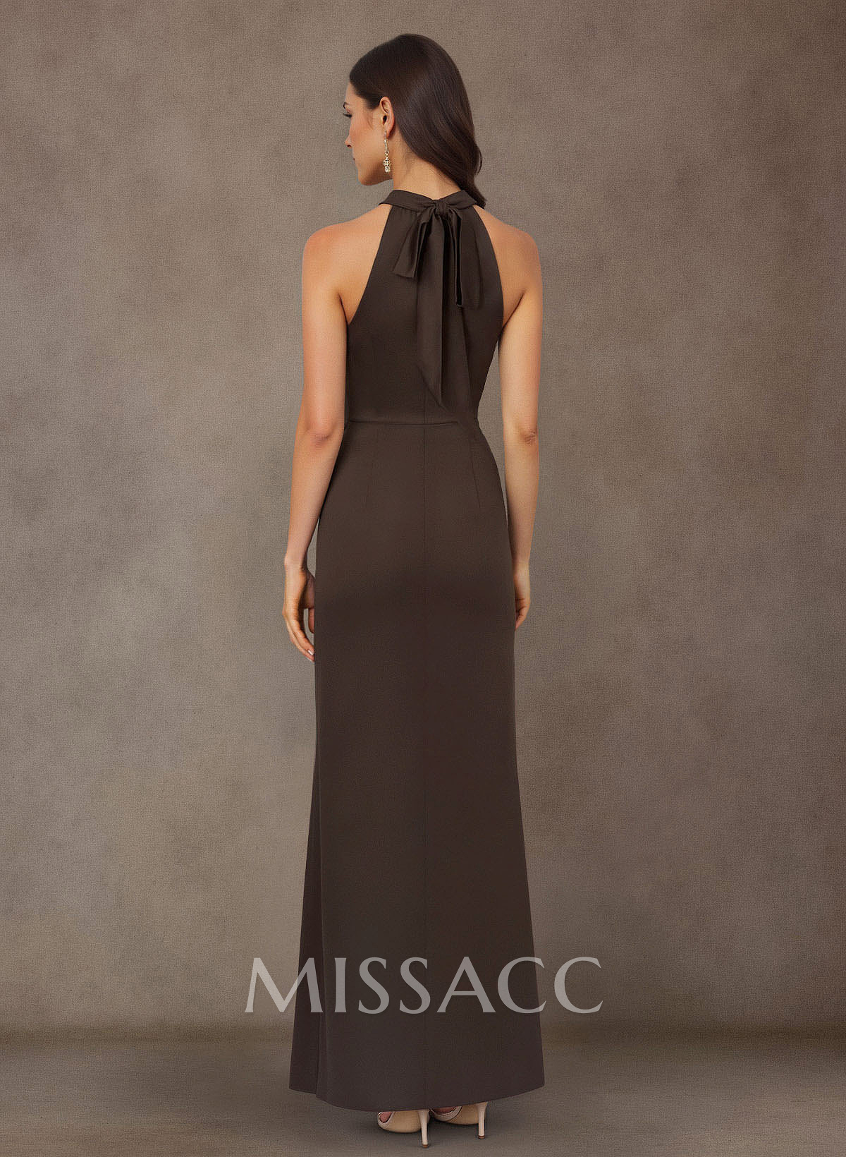 Bow(s) High Neck Ruffle Split Front Floor-Length Crepe Satin Mother Of The Bride Dresses