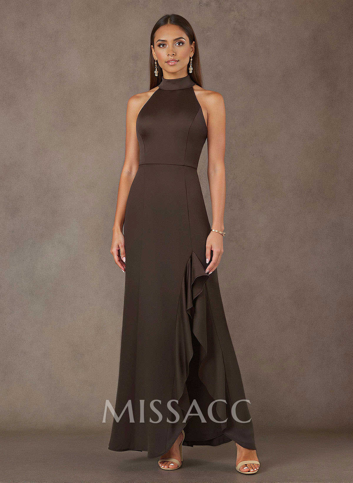 Bow(s) High Neck Ruffle Split Front Floor-Length Crepe Satin Mother Of The Bride Dresses