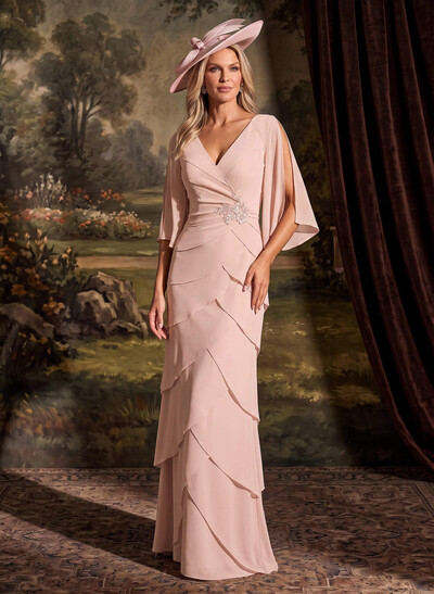 Elegant V-Neck Tiered Floor-Length Chiffon Mother Of The Bride Dresses With Beading/Lace