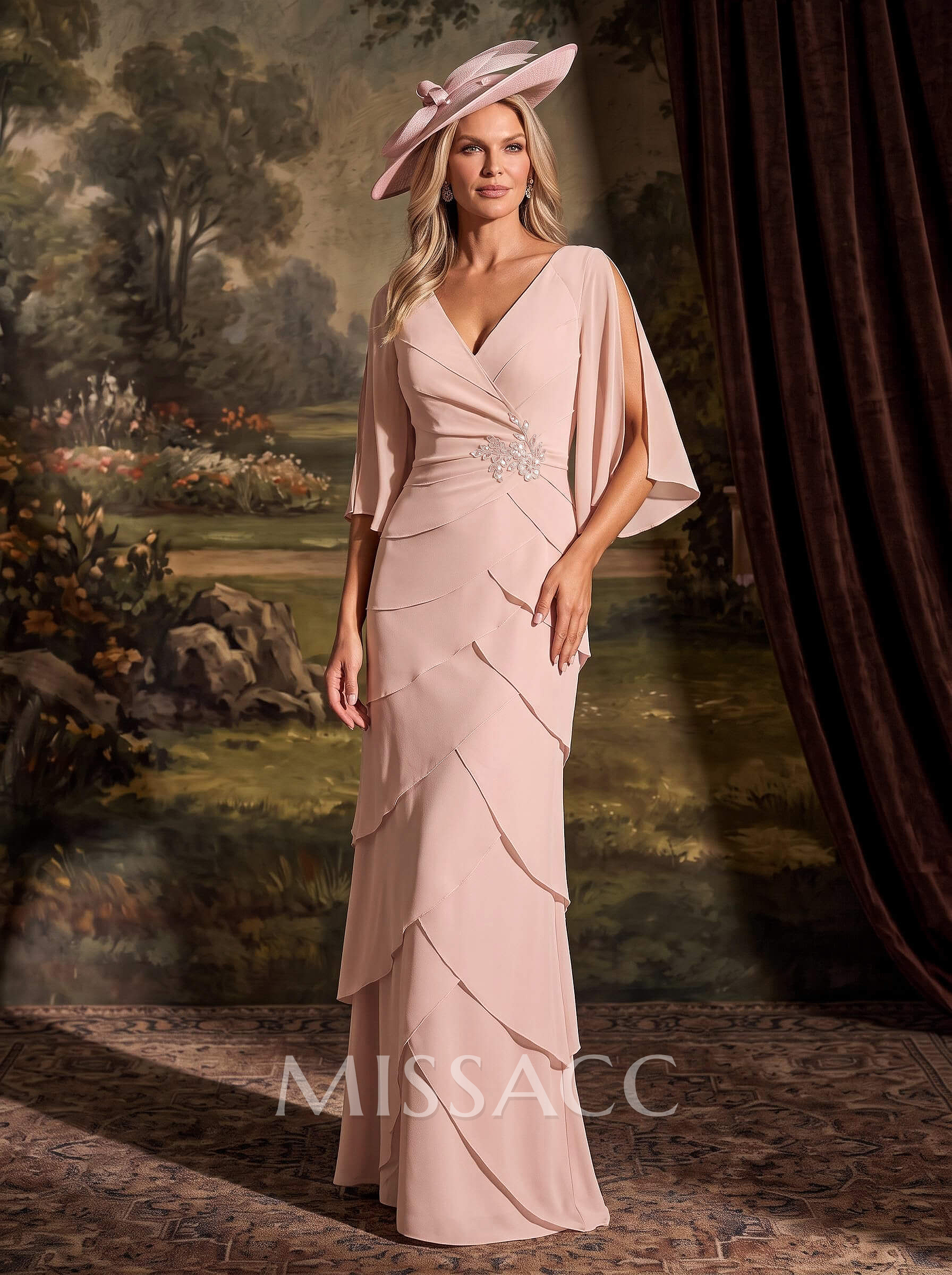 Elegant V-Neck Tiered Floor-Length Chiffon Mother Of The Bride Dresses With Beading/Lace Elegant V-Neck Tiered Floor-Length Chiffon Mother Of The Bride Dresses With Beading/Lace