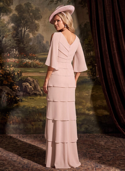 Elegant V-Neck Tiered Floor-Length Chiffon Mother Of The Bride Dresses With Beading/Lace
