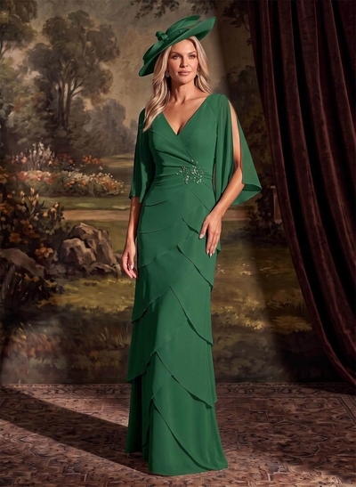 Elegant V-Neck Tiered Floor-Length Chiffon Mother Of The Bride Dresses With Beading/Lace