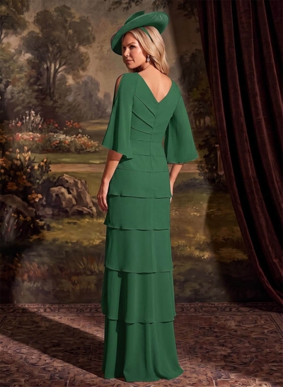 Elegant V-Neck Tiered Floor-Length Chiffon Mother Of The Bride Dresses With Beading/Lace