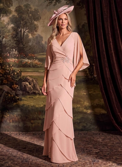 Elegant V-Neck Tiered Floor-Length Chiffon Mother Of The Bride Dresses With Beading/Lace