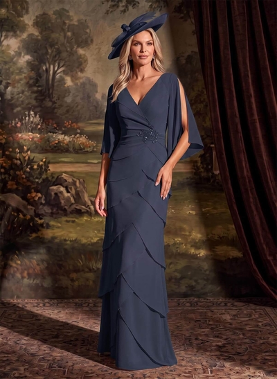 Elegant V-Neck Tiered Floor-Length Chiffon Mother Of The Bride Dresses With Beading/Lace
