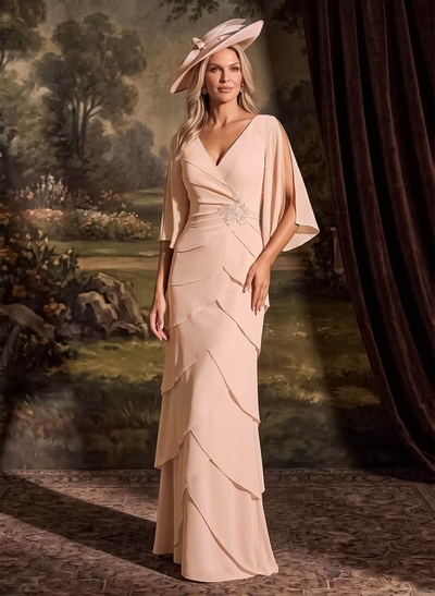Elegant V-Neck Tiered Floor-Length Chiffon Mother Of The Bride Dresses With Beading/Lace