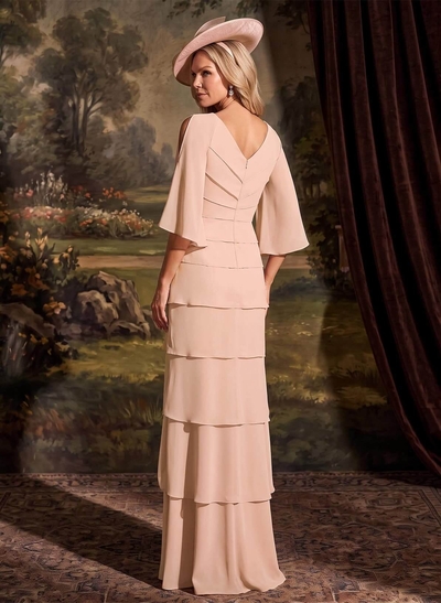 Elegant V-Neck Tiered Floor-Length Chiffon Mother Of The Bride Dresses With Beading/Lace