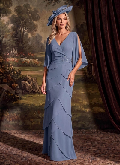 Elegant V-Neck Tiered Floor-Length Chiffon Mother Of The Bride Dresses With Beading/Lace