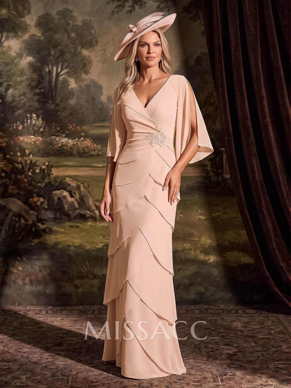 Elegant V-Neck Tiered Floor-Length Chiffon Mother Of The Bride Dresses With Beading/Lace