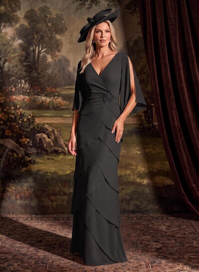 Elegant V-Neck Tiered Floor-Length Chiffon Mother Of The Bride Dresses With Beading/Lace