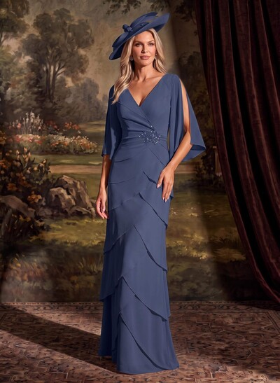 Elegant V-Neck Tiered Floor-Length Chiffon Mother Of The Bride Dresses With Beading/Lace