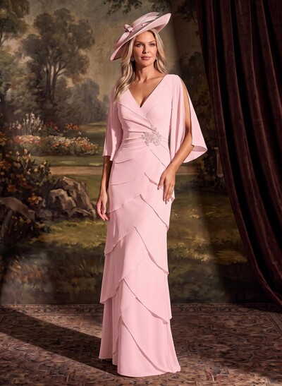 Elegant V-Neck Tiered Floor-Length Chiffon Mother Of The Bride Dresses With Beading/Lace