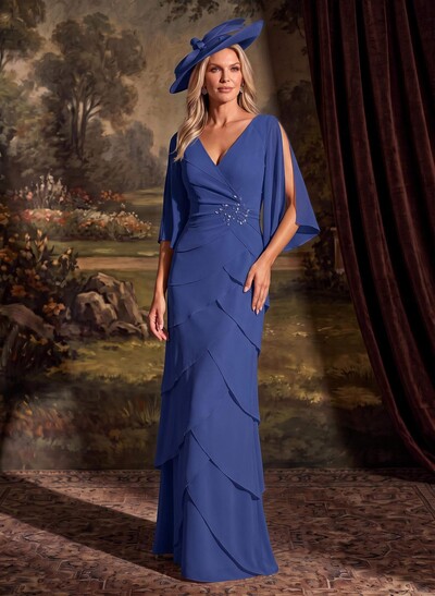 Elegant V-Neck Tiered Floor-Length Chiffon Mother Of The Bride Dresses With Beading/Lace