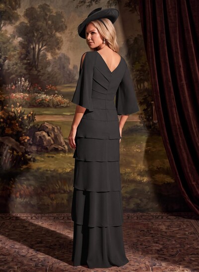 Elegant V-Neck Tiered Floor-Length Chiffon Mother Of The Bride Dresses With Beading/Lace