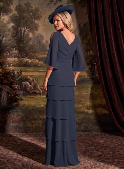 Elegant V-Neck Tiered Floor-Length Chiffon Mother Of The Bride Dresses With Beading/Lace