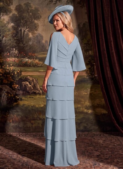 Elegant V-Neck Tiered Floor-Length Chiffon Mother Of The Bride Dresses With Beading/Lace