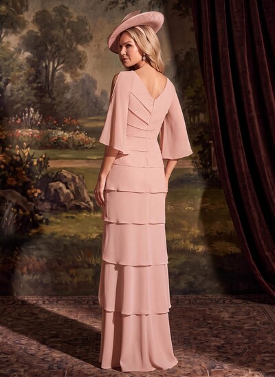 Elegant V-Neck Tiered Floor-Length Chiffon Mother Of The Bride Dresses With Beading/Lace