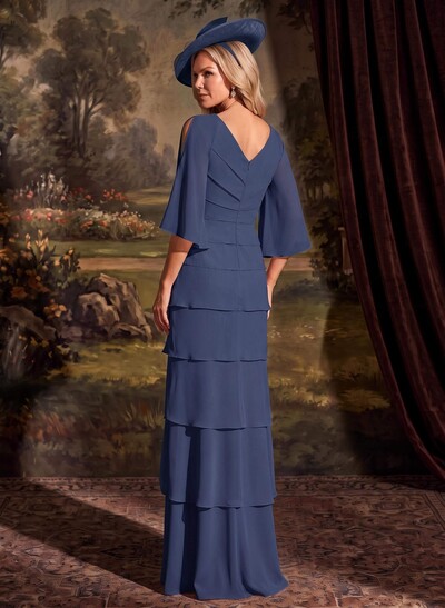 Elegant V-Neck Tiered Floor-Length Chiffon Mother Of The Bride Dresses With Beading/Lace