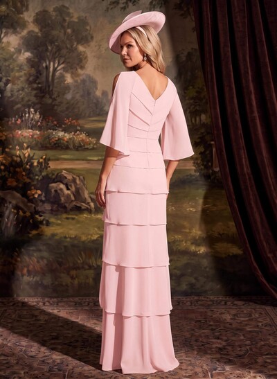 Elegant V-Neck Tiered Floor-Length Chiffon Mother Of The Bride Dresses With Beading/Lace